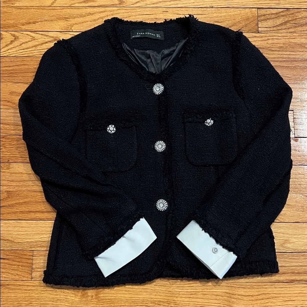 Zara Black Tweed Chanel-inspired Blazer with crystal buttons & White Cuffs